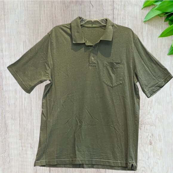 Polo Shirt, Large Man, Solid Olive Green, Breast Pocket, Button Down - Picture 2 of 8